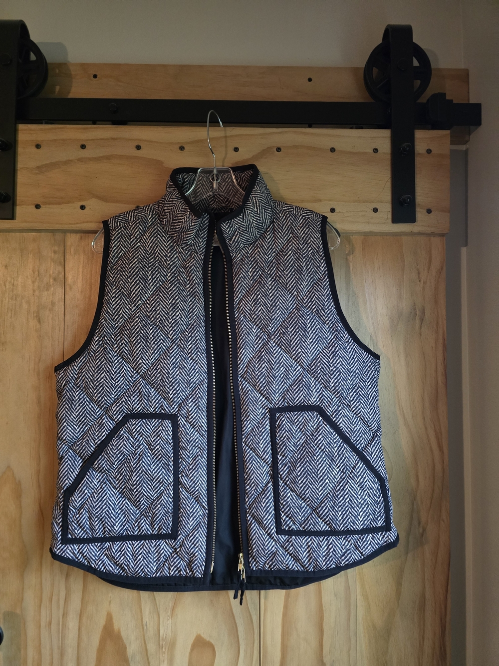 J. Crew Black & White Quilted Herringbone Vest with Contrast Trim